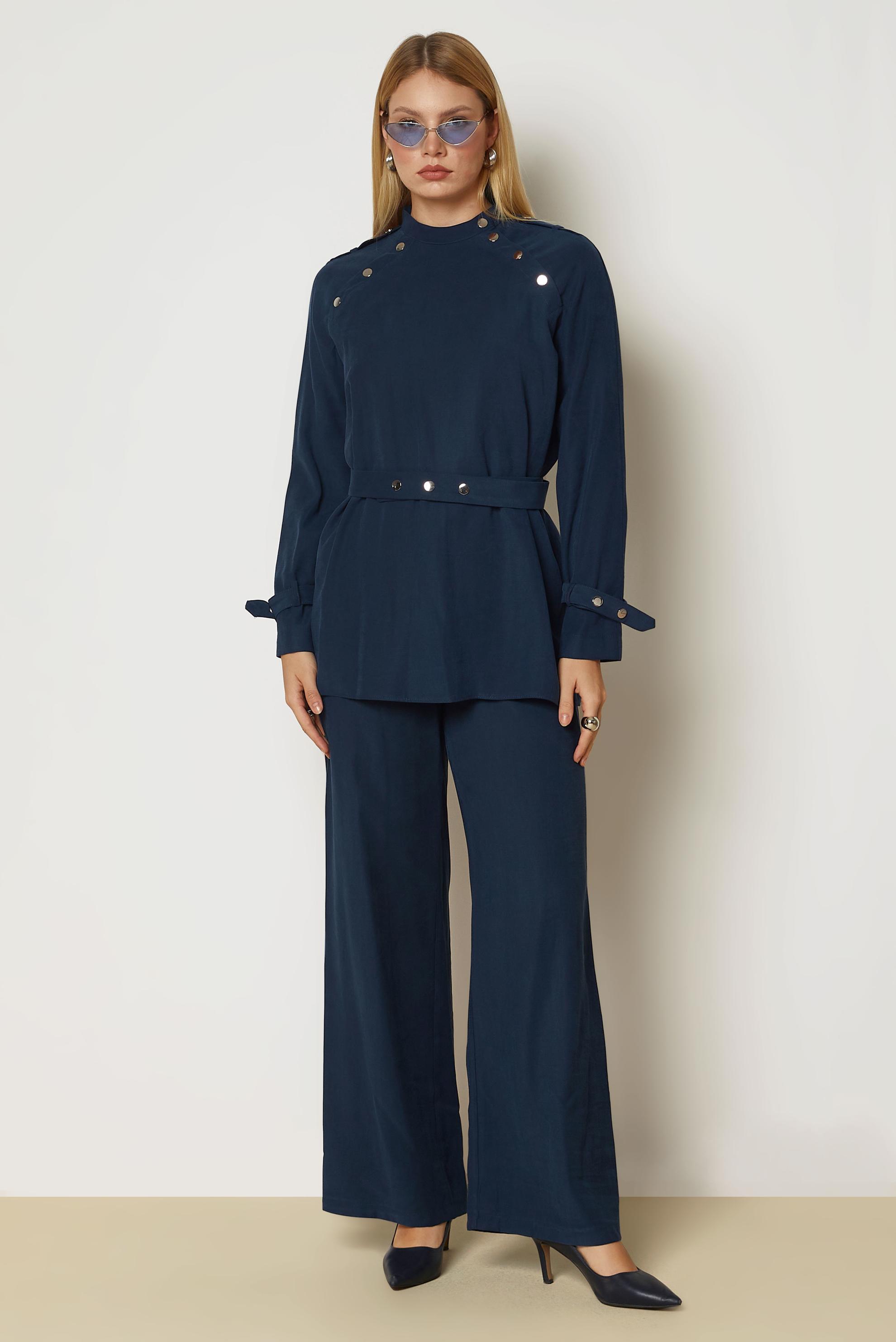 Tesettür giyim KAHVE KEMERLİ PANTOLONLU TAKIM 47053