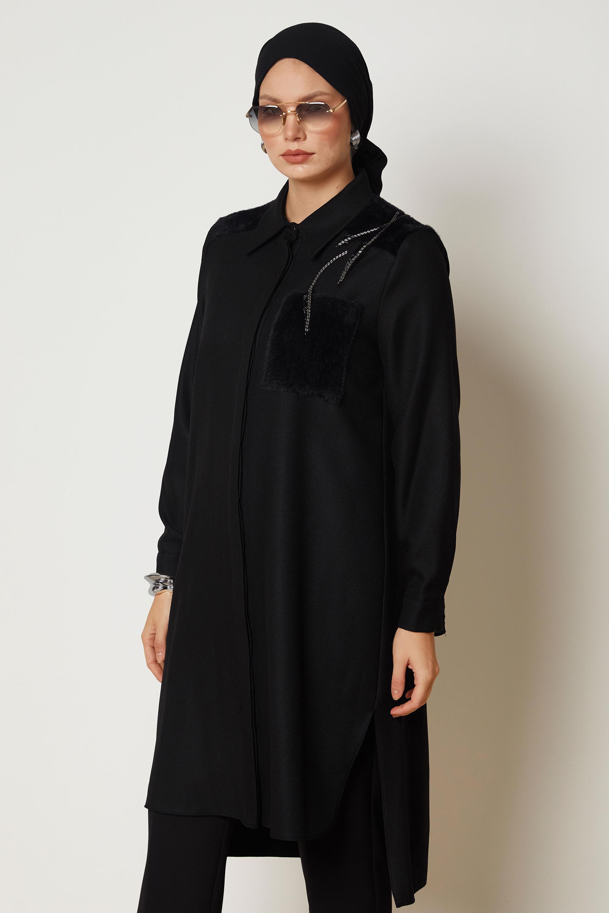 Tesettür giyim SİYAH PELUŞ DETAYLI TUNİK 46179