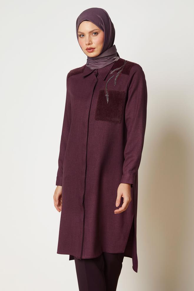 Tesettür giyim MÜRDÜM PELUŞ DETAYLI TUNİK 46179 - ALVİNA