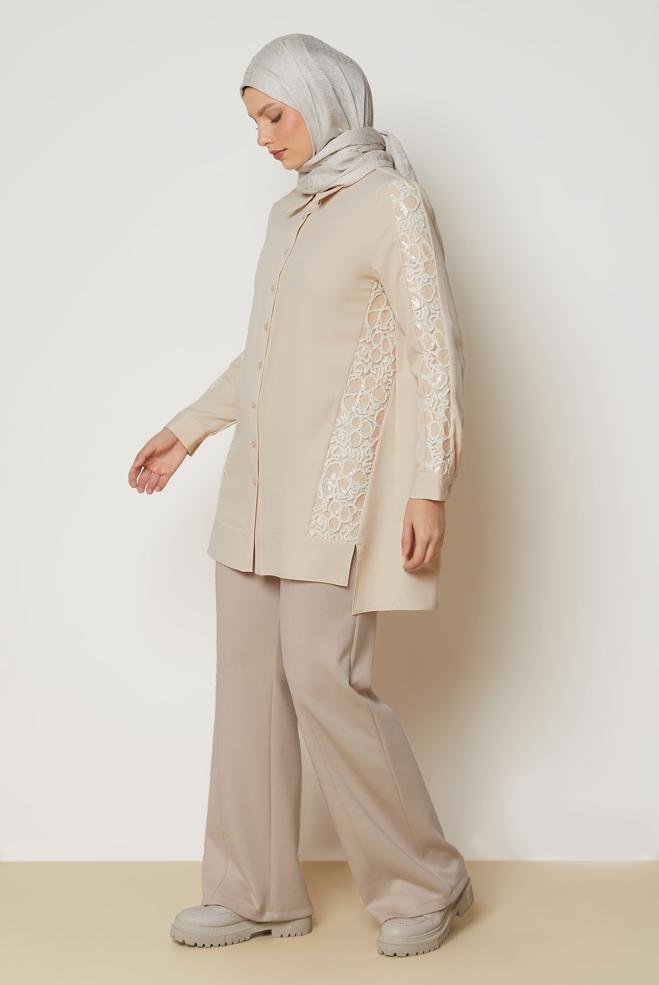Hijab clothing ECRU SEQUIN EMBROIDERED TUNIC 46180 - ALVİNA