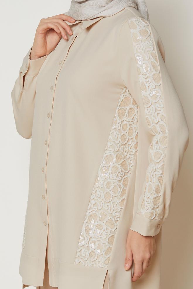 Hijab clothing ECRU SEQUIN EMBROIDERED TUNIC 46180 - ALVİNA
