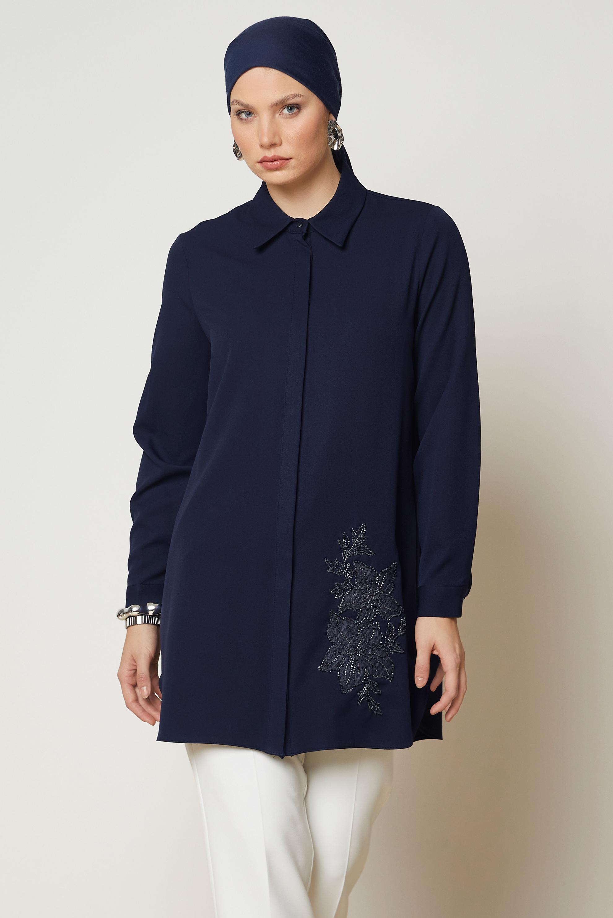 Hijab clothing NAVY BLUE EMBROIDERY DETAIL TUNIC 47016