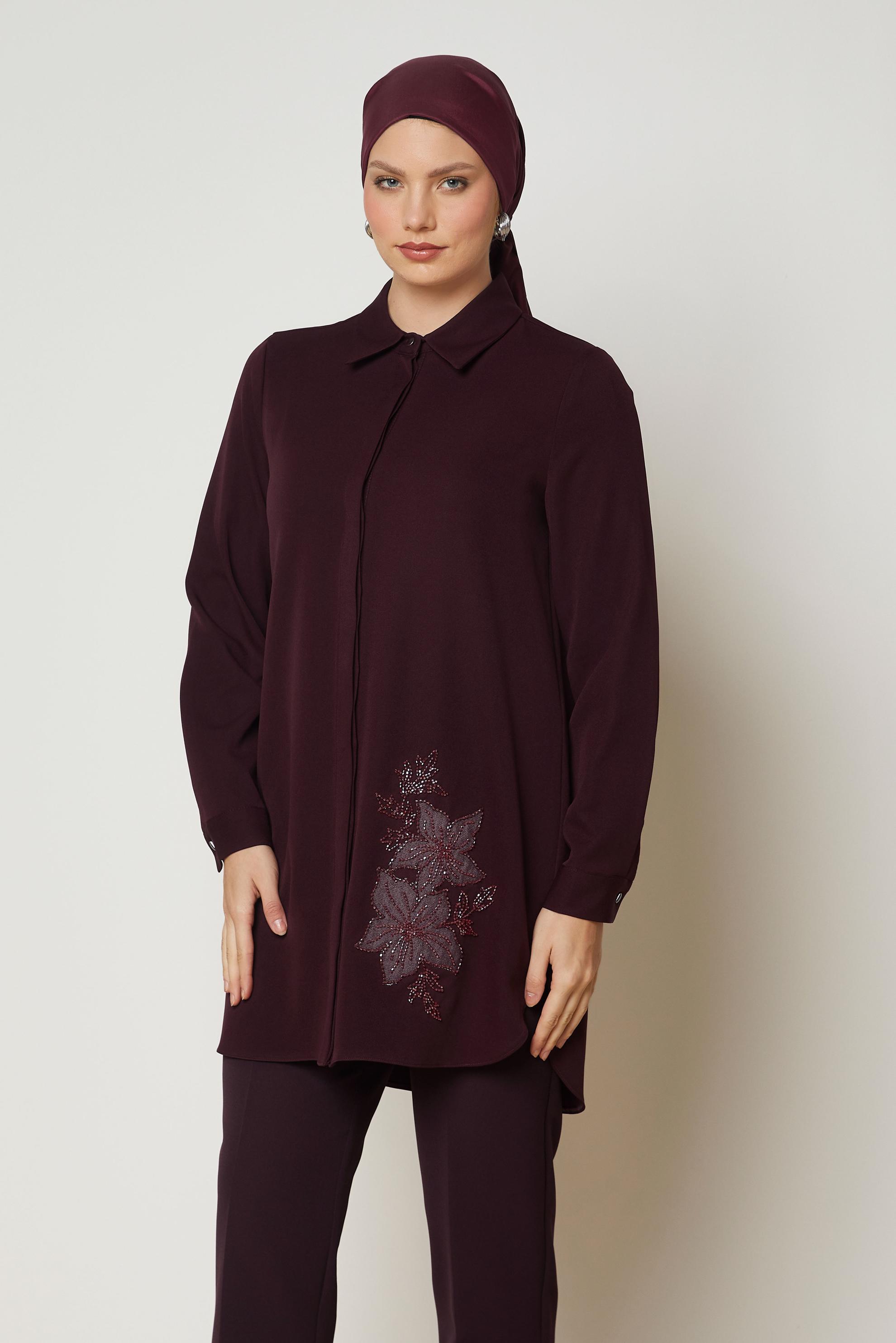 Hijab clothing CLARET RED EMBROIDERY DETAIL TUNIC 47016