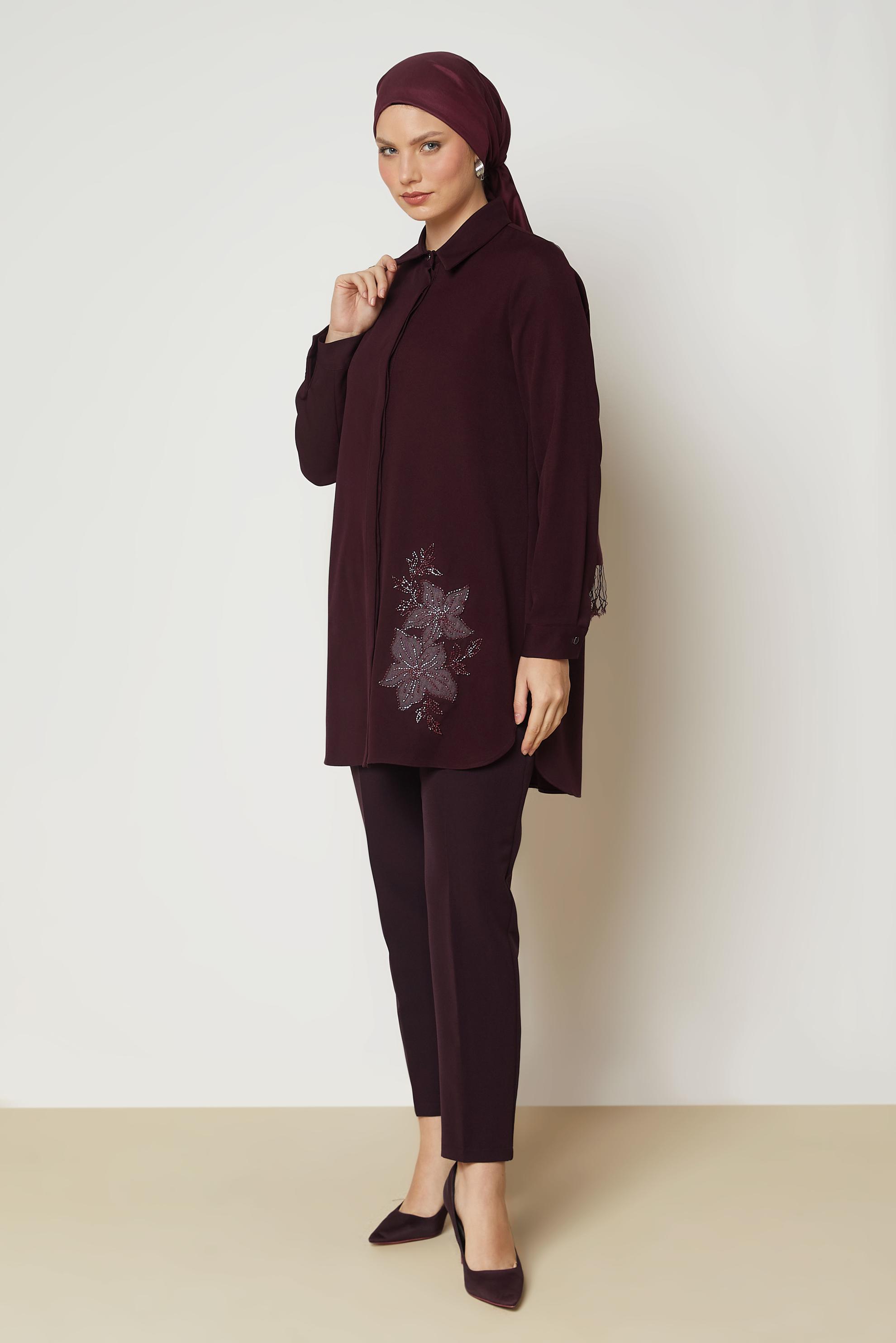 Hijab clothing CLARET RED EMBROIDERY DETAIL TUNIC 47016