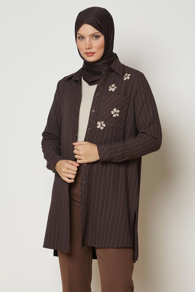 Hijab clothing BROWN STRIPED SHIRT COLLAR TUNIC 47055 - ALVİNA