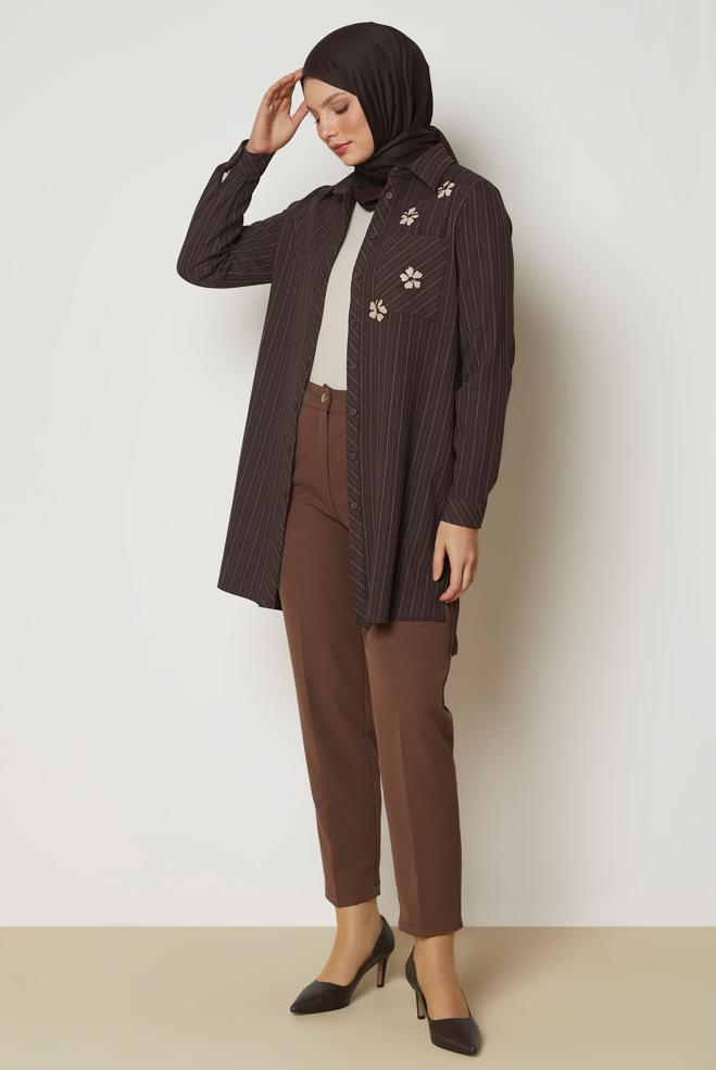 Hijab clothing BROWN STRIPED SHIRT COLLAR TUNIC 47055 - ALVİNA