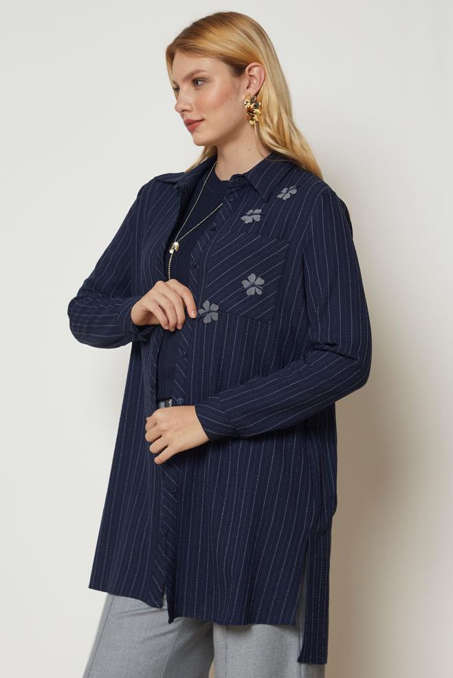 Hijab clothing NAVY BLUE STRIPED SHIRT COLLAR TUNIC 47055 - ALVİNA