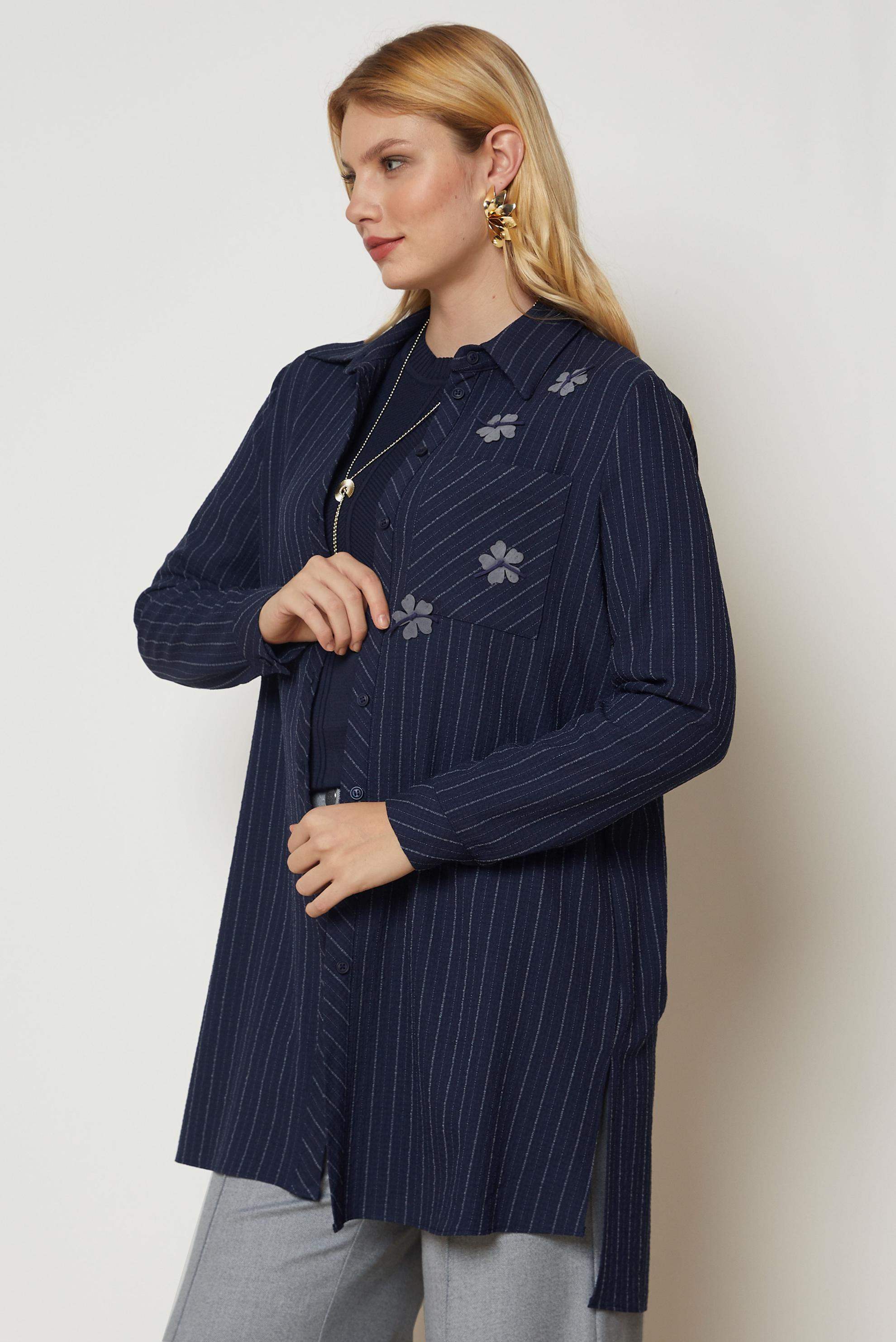 Hijab clothing NAVY BLUE STRIPED SHIRT COLLAR TUNIC 47055