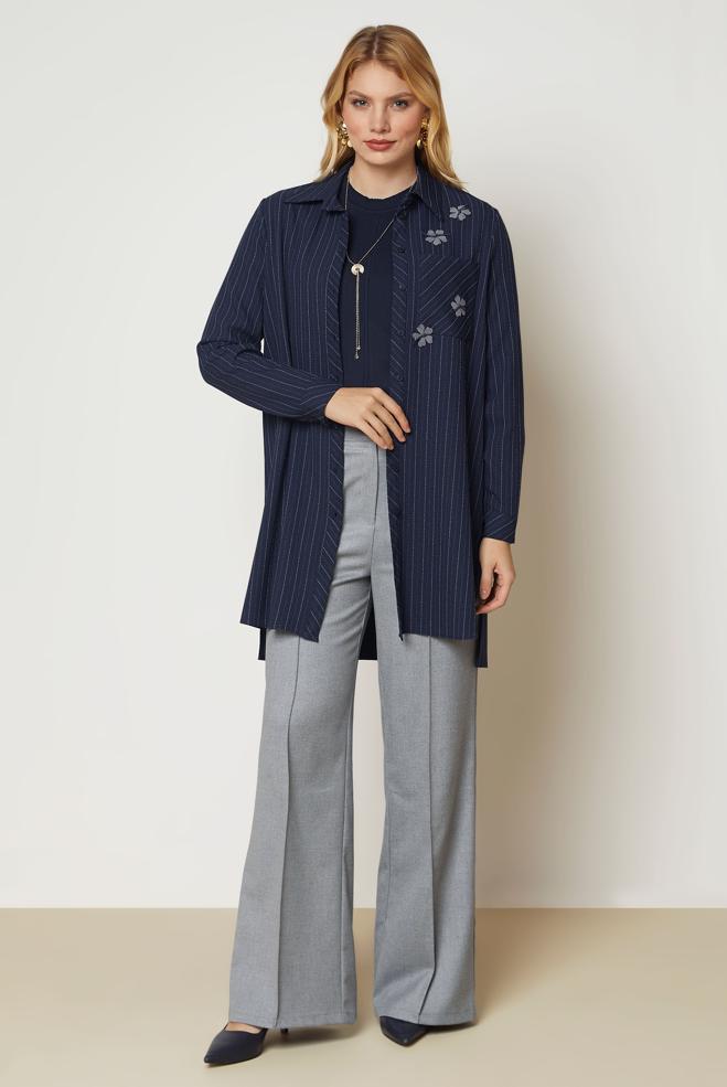 Hijab clothing NAVY BLUE STRIPED SHIRT COLLAR TUNIC 47055 - ALVİNA