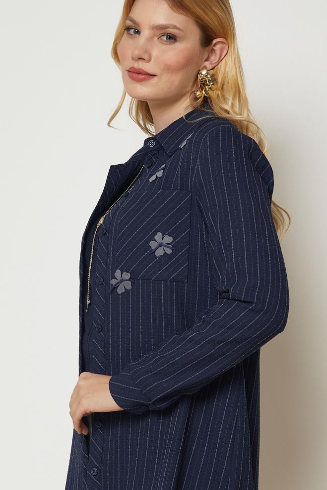 Hijab clothing NAVY BLUE STRIPED SHIRT COLLAR TUNIC 47055 - ALVİNA