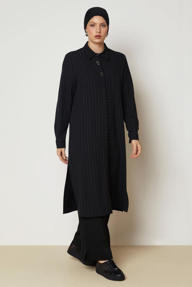Hijab clothing BLACK STRIPED LONG TUNIC 47090 - ALVİNA