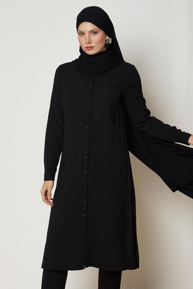 Hijab clothing BLACK STRIPED LONG TUNIC 47091 - ALVİNA