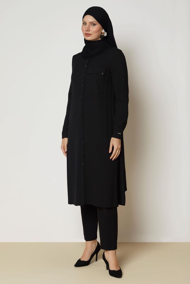 Hijab clothing BLACK STRIPED LONG TUNIC 47091 - ALVİNA