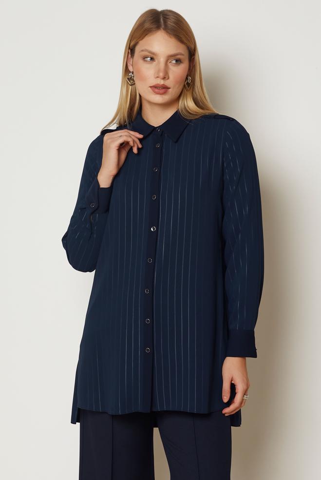 Hijab clothing NAVY BLUE STRIPED SHIRT COLLAR TUNIC 47119 - ALVİNA