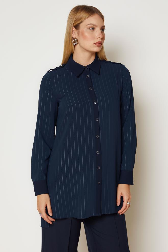 Hijab clothing NAVY BLUE STRIPED SHIRT COLLAR TUNIC 47119 - ALVİNA