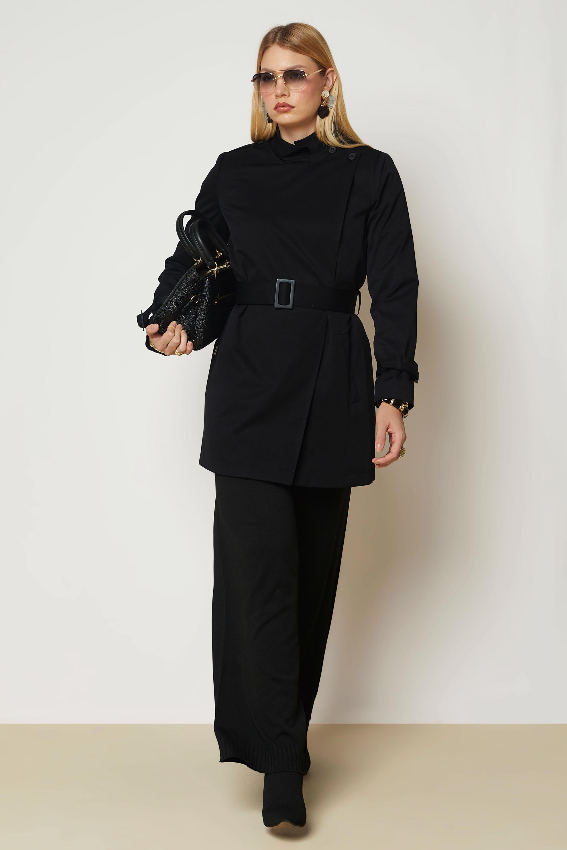 Tesettür giyim SİYAH KEMERLİ TRENÇKOT 11033