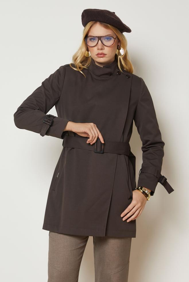 Tesettür giyim KAHVE KEMERLİ TRENÇKOT 11033 - ALVİNA