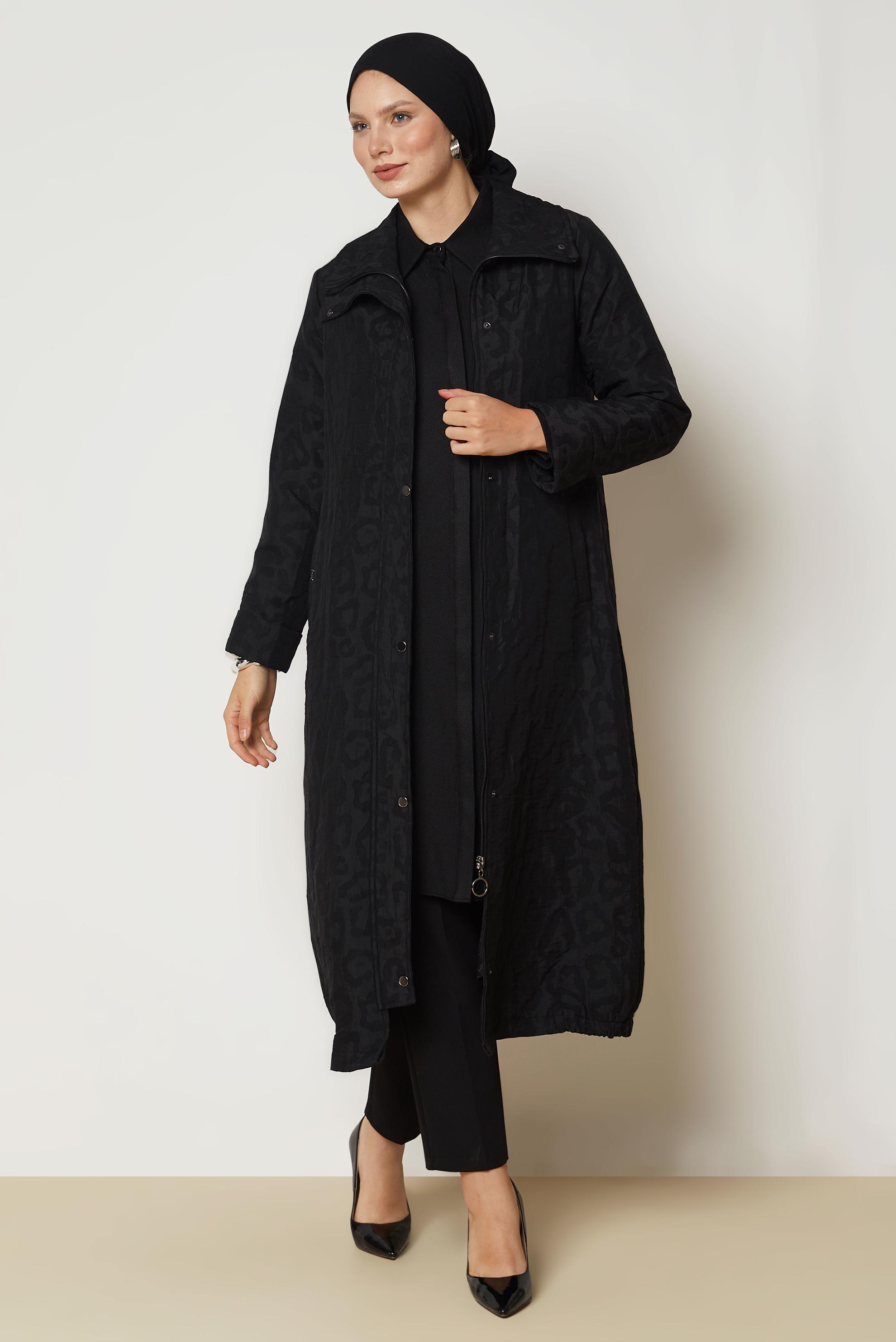 Hijab clothing BLACK LEOPARD PATTERN JACQUARD TRENCH COAT 11035