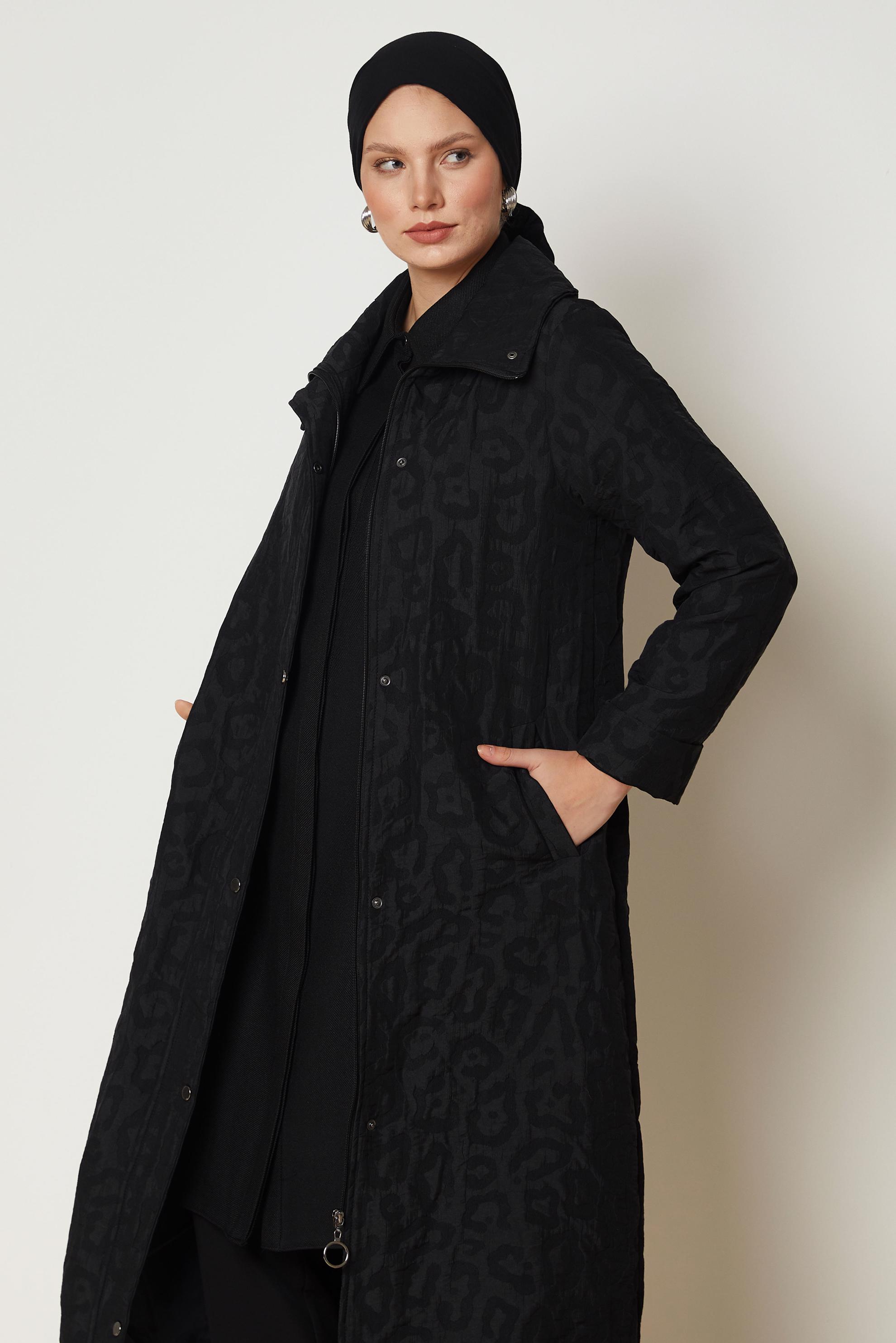 Hijab clothing BLACK LEOPARD PATTERN JACQUARD TRENCH COAT 11035