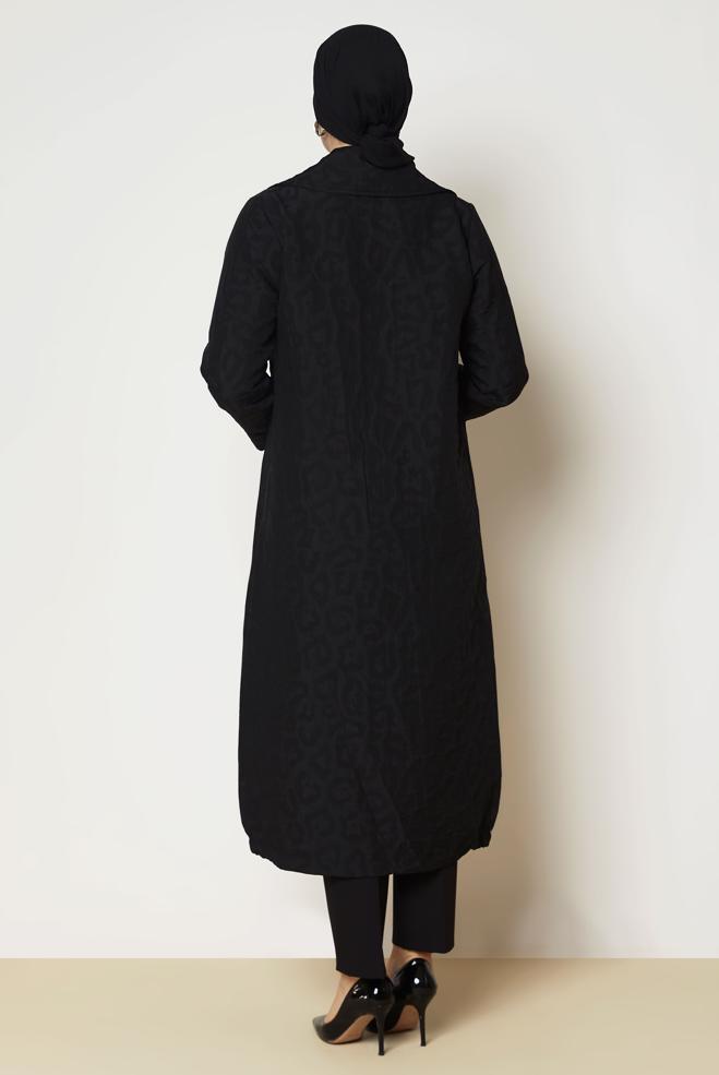 Hijab clothing BLACK LEOPARD PATTERN JACQUARD TRENCH COAT 11035 - ALVİNA