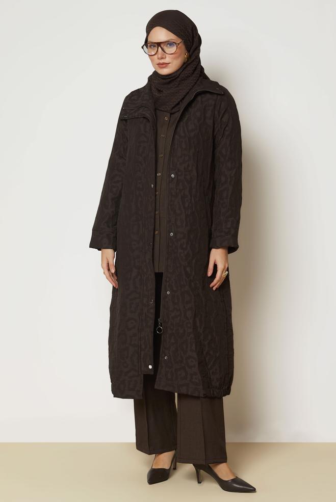 Hijab clothing BROWN LEOPARD PATTERN JACQUARD TRENCH COAT 11035 - ALVİNA
