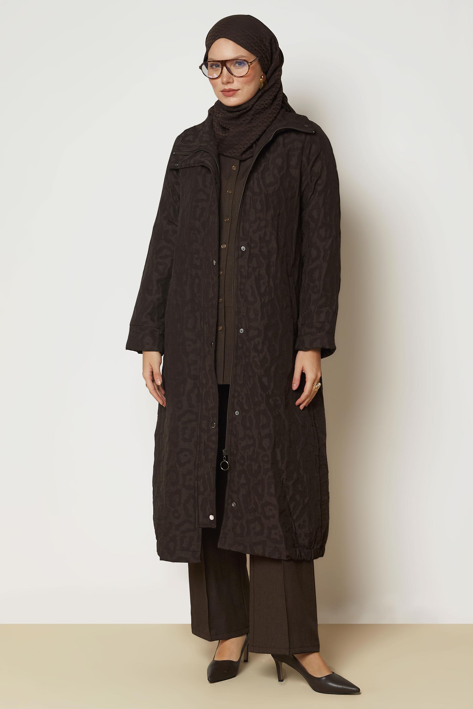 Hijab clothing BROWN LEOPARD PATTERN JACQUARD TRENCH COAT 11035