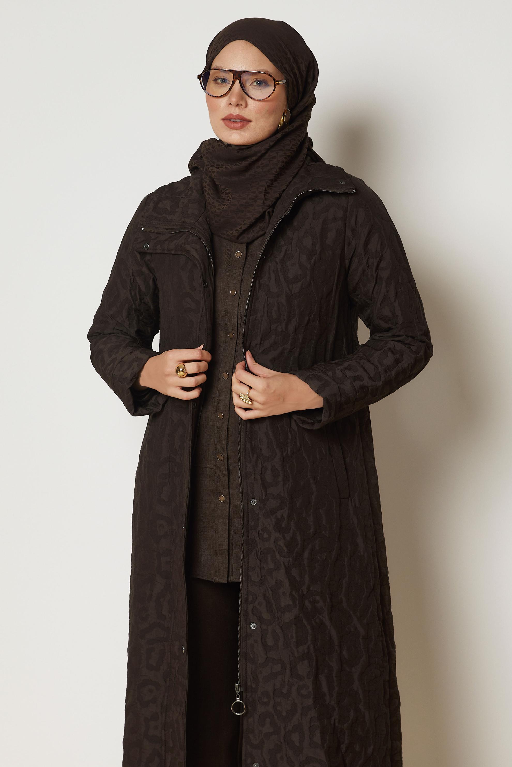 Hijab clothing BROWN LEOPARD PATTERN JACQUARD TRENCH COAT 11035