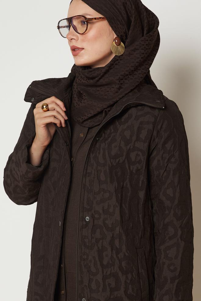 Hijab clothing BROWN LEOPARD PATTERN JACQUARD TRENCH COAT 11035 - ALVİNA