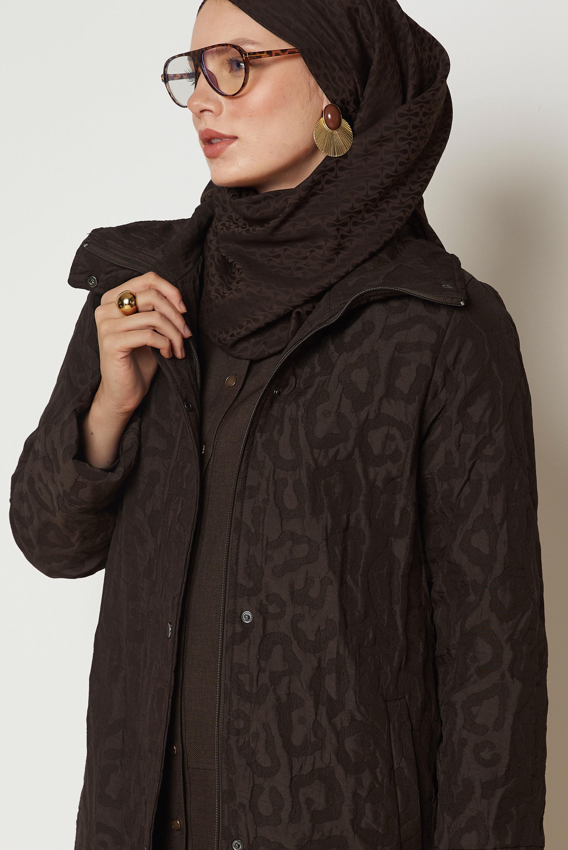 Hijab clothing BROWN LEOPARD PATTERN JACQUARD TRENCH COAT 11035