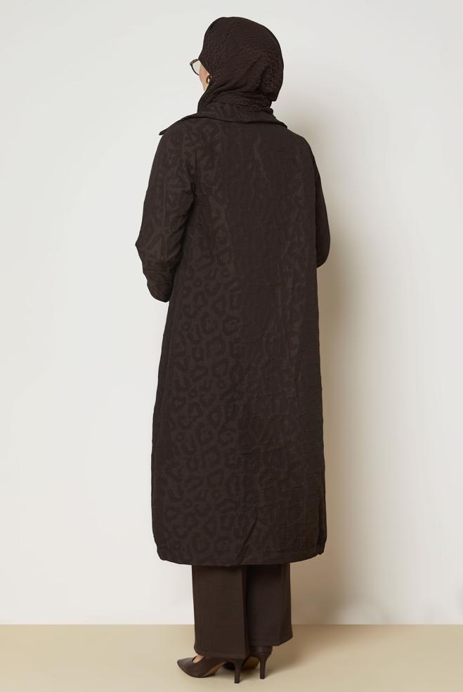 Hijab clothing BROWN LEOPARD PATTERN JACQUARD TRENCH COAT 11035 - ALVİNA