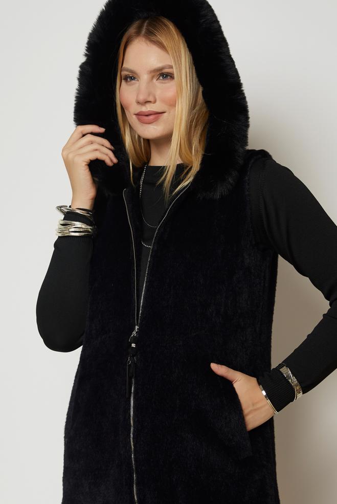 Hijab clothing BLACK HOODED FAUX-FUR DETAIL VEST 47017 - ALVİNA