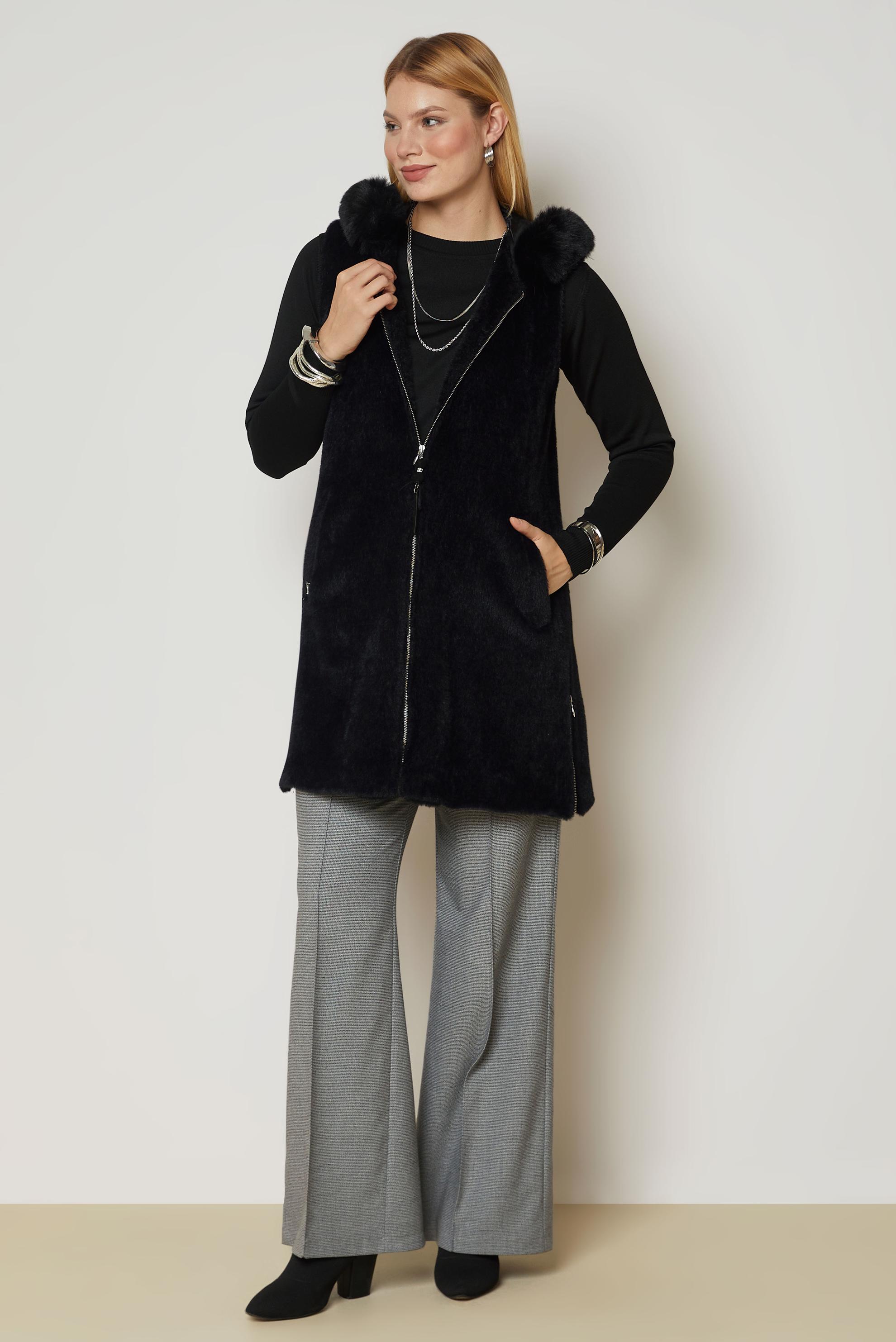 Hijab clothing BLACK HOODED FAUX-FUR DETAIL VEST 47017