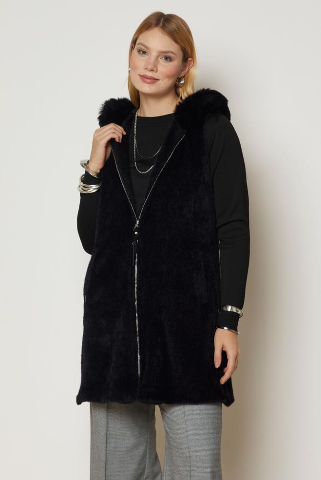 Hijab clothing BLACK HOODED FAUX-FUR DETAIL VEST 47017 - ALVİNA