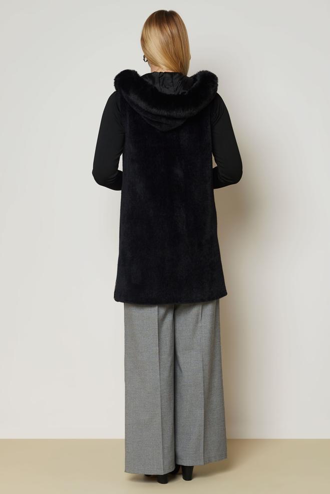 Hijab clothing BLACK HOODED FAUX-FUR DETAIL VEST 47017 - ALVİNA