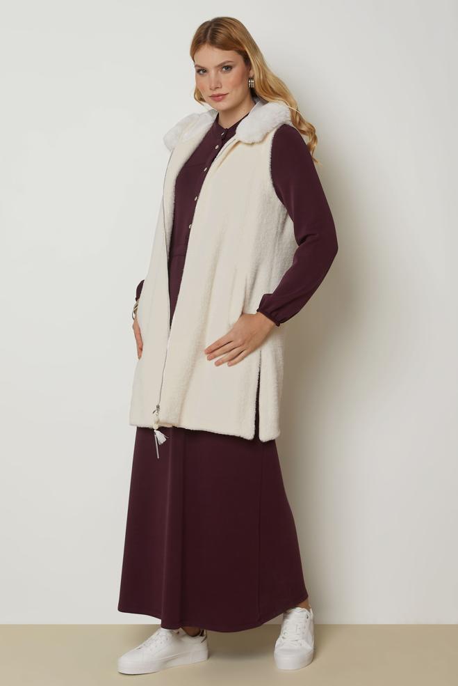 Hijab clothing WHITE HOODED FAUX-FUR DETAIL VEST 47017 - ALVİNA