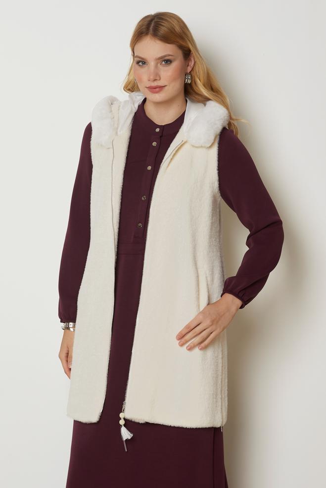 Hijab clothing WHITE HOODED FAUX-FUR DETAIL VEST 47017 - ALVİNA
