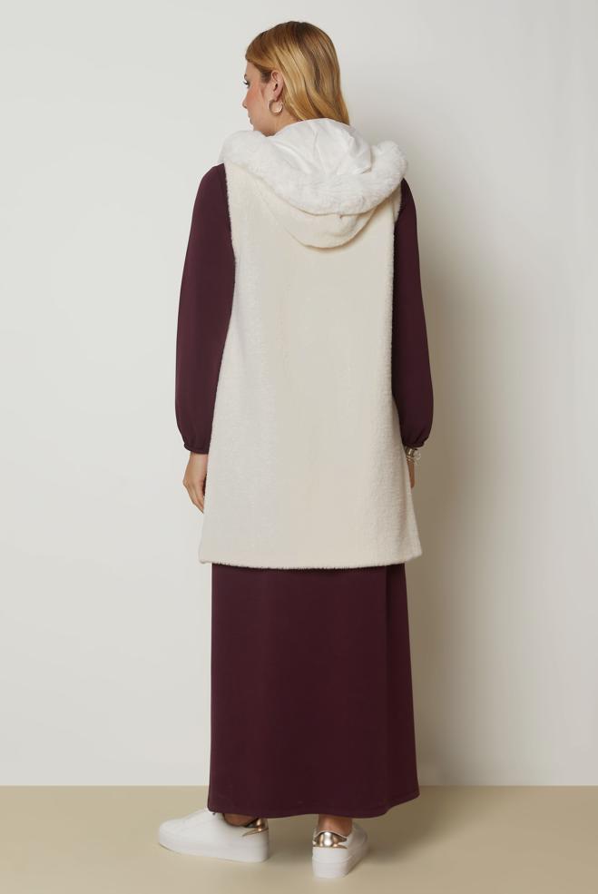 Hijab clothing WHITE HOODED FAUX-FUR DETAIL VEST 47017 - ALVİNA