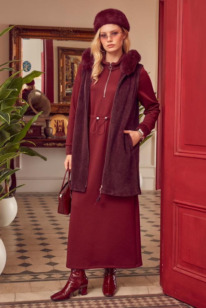 Hijab clothing BROWN HOODED FAUX-FUR DETAIL VEST 47017 - ALVİNA