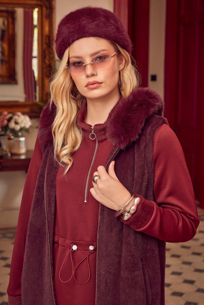 Hijab clothing BROWN HOODED FAUX-FUR DETAIL VEST 47017 - ALVİNA