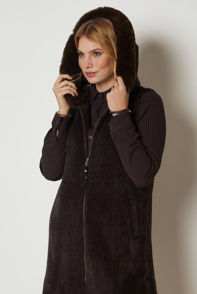 Hijab clothing BROWN HOODED FAUX-FUR DETAIL VEST 47017 - ALVİNA