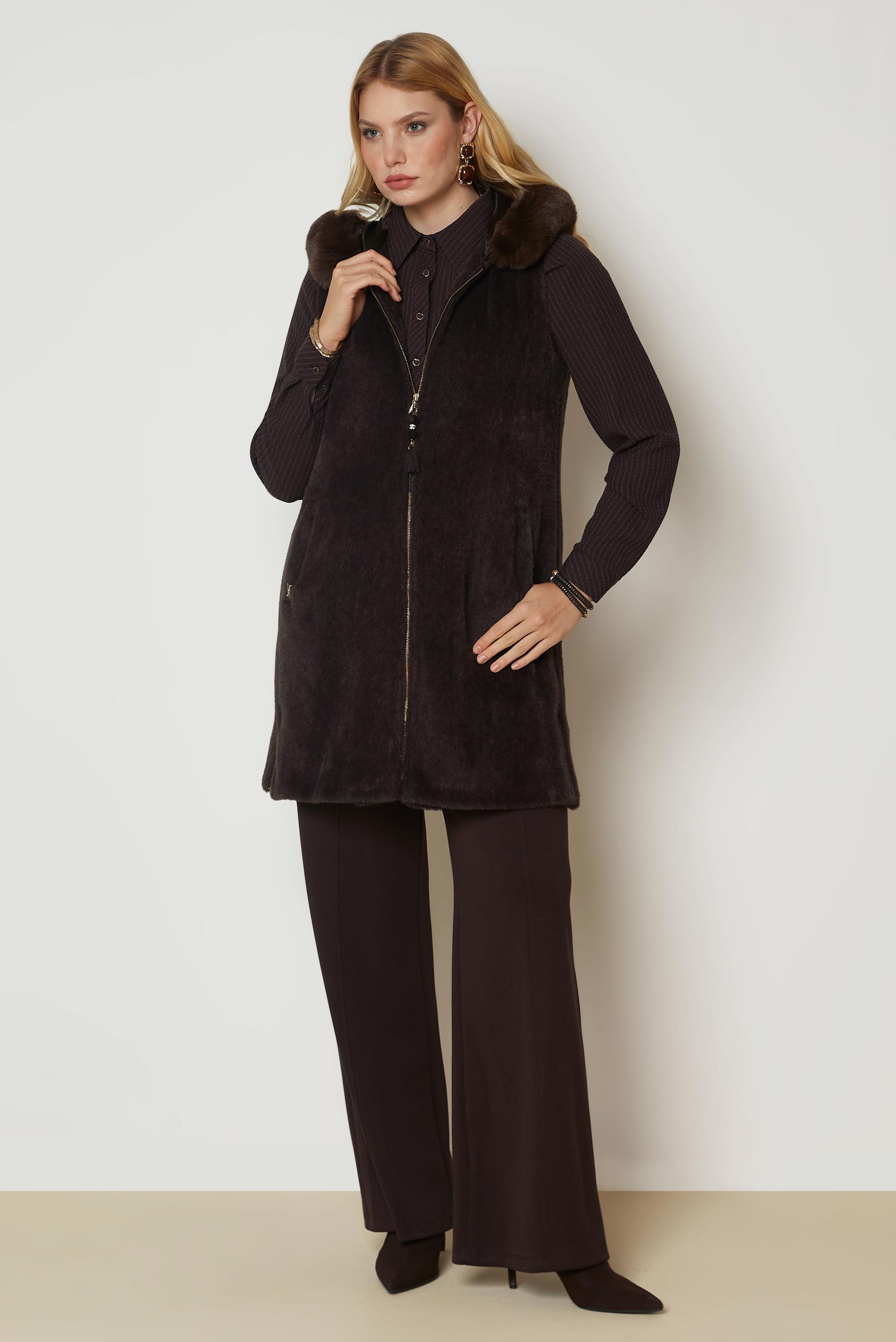 Hijab clothing BROWN HOODED FAUX-FUR DETAIL VEST 47017