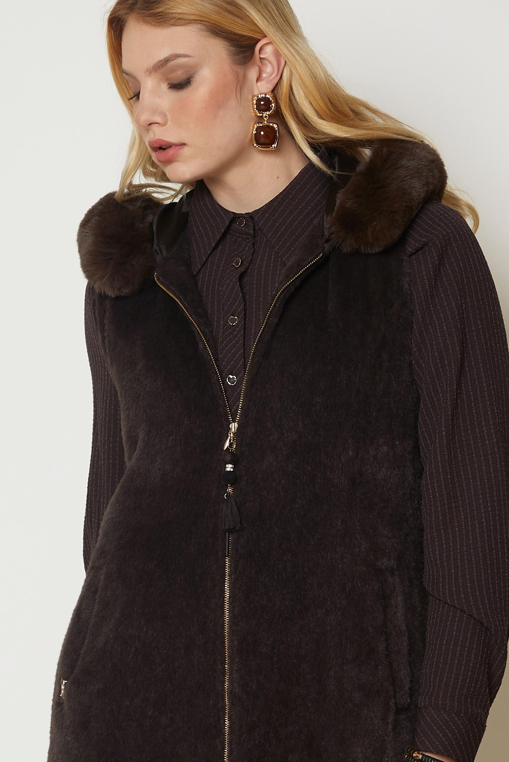 Hijab clothing BROWN HOODED FAUX-FUR DETAIL VEST 47017