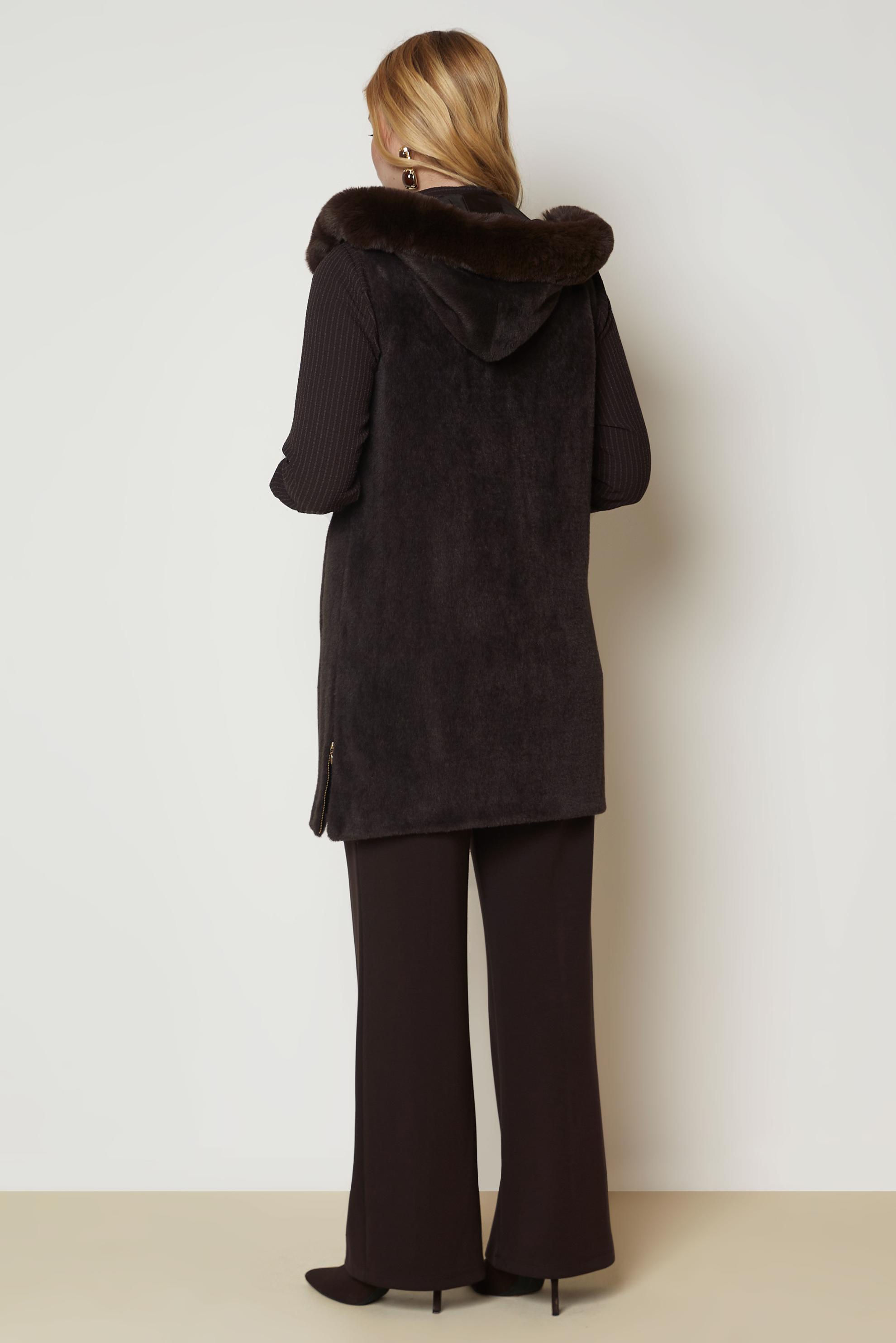 Hijab clothing BROWN HOODED FAUX-FUR DETAIL VEST 47017